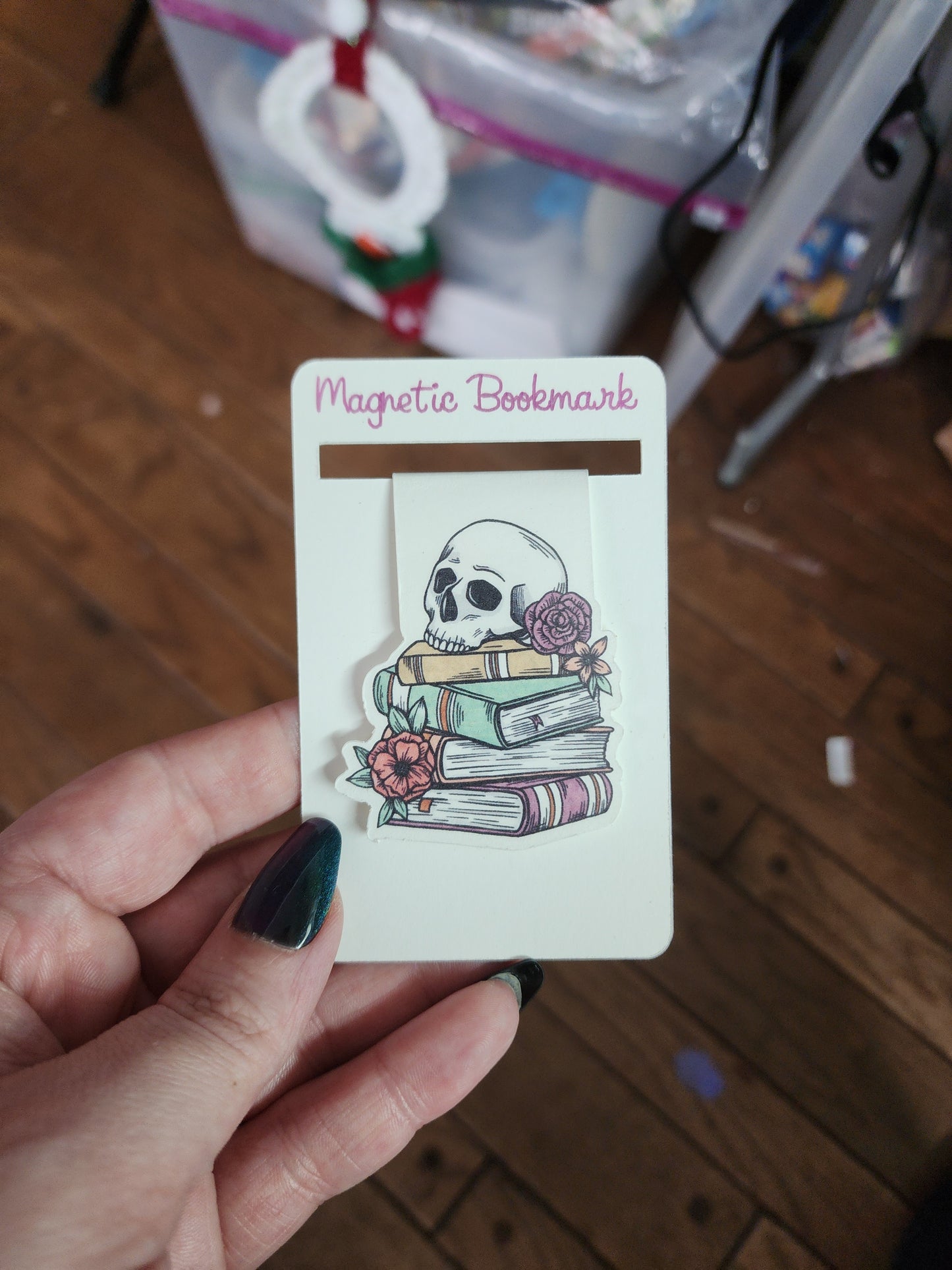 Skull and books magnetic bookmark